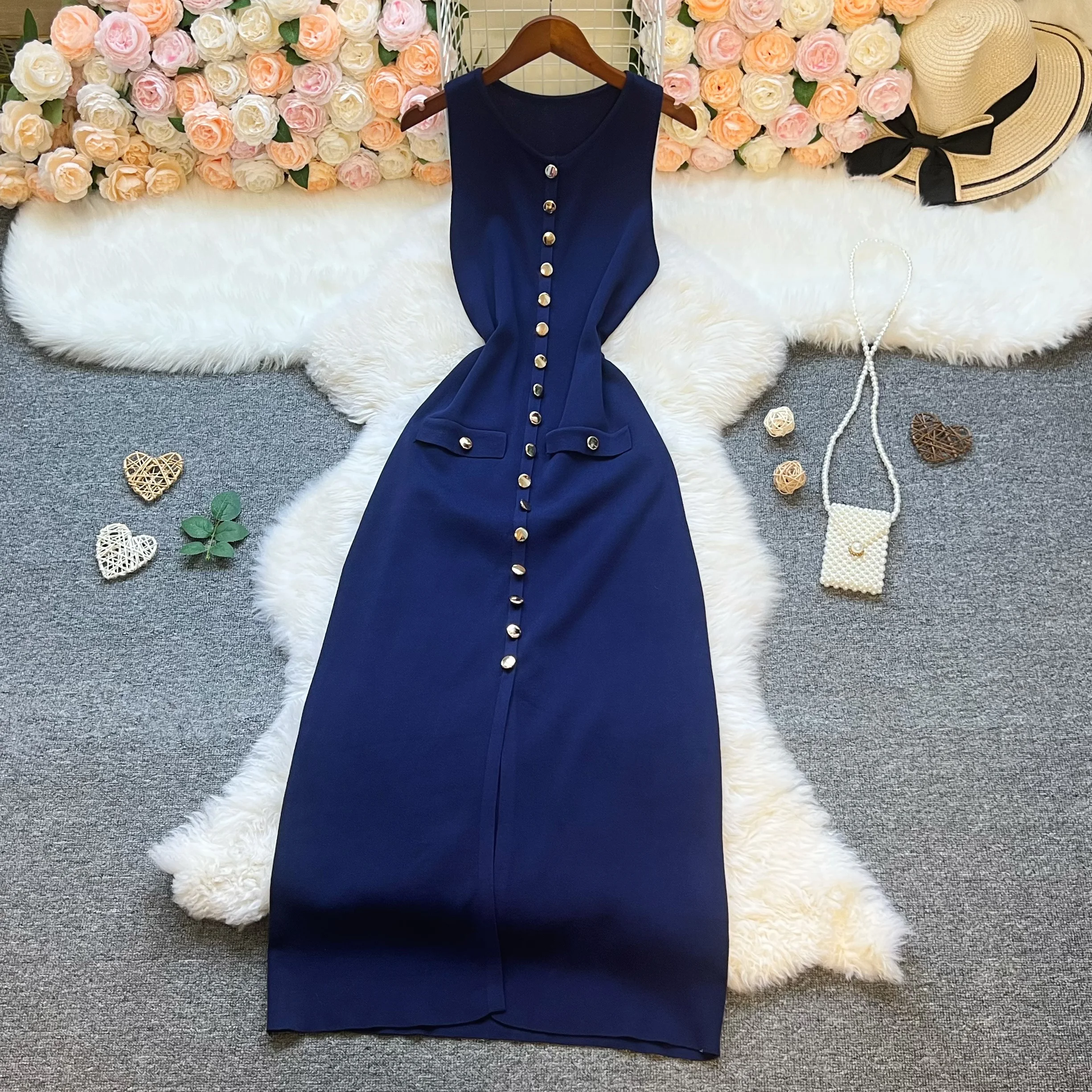 YuooMuoo Chic mode tricoté Maxi robe femmes Vintage simple boutonnage sans manches moulante robe pull élégante dame Robes de soirée