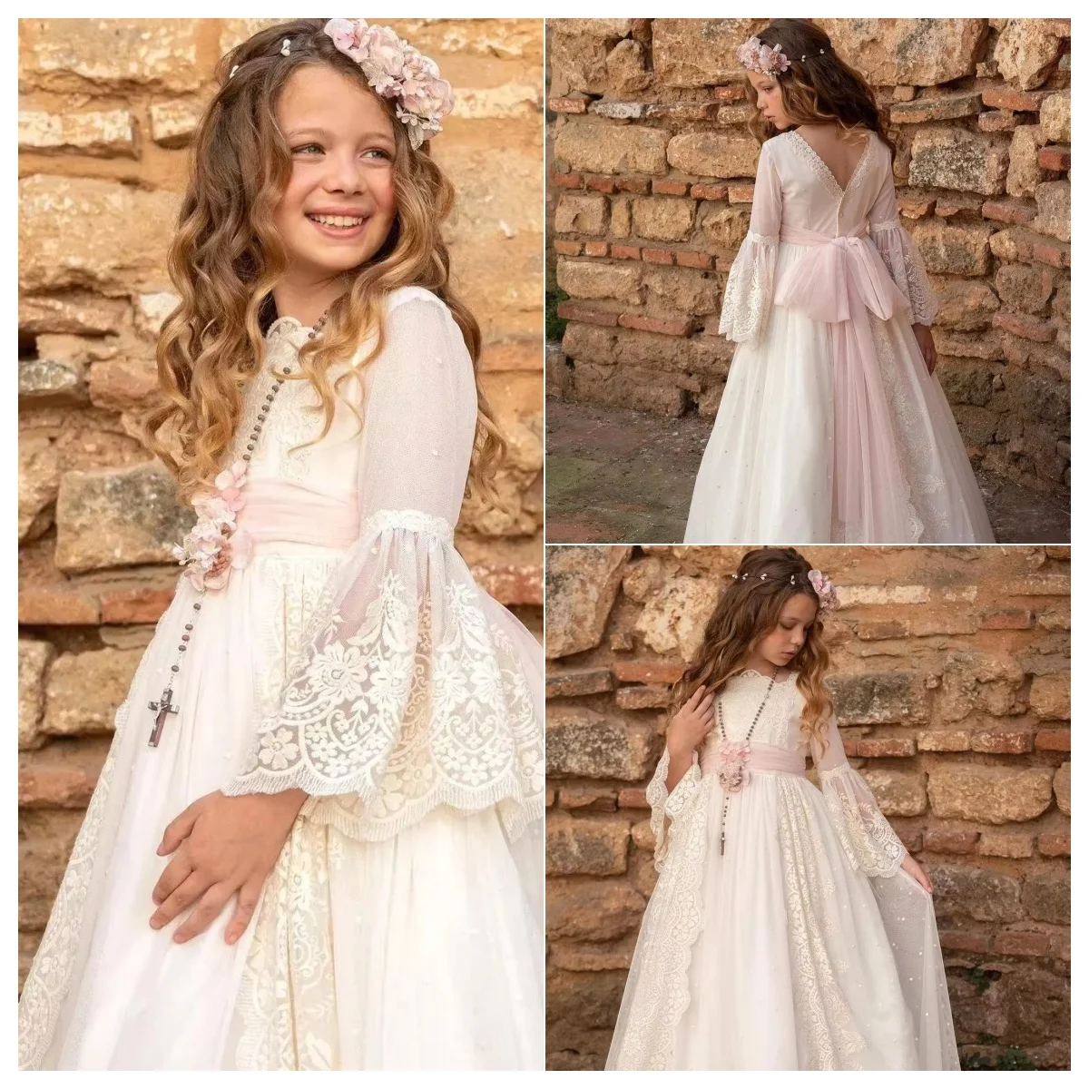 Flower Girl Dresses Full Sleeve For Customized Weddings Lace Ball Gowns  Appliques Kids Birthday Party Pageant First Communion
