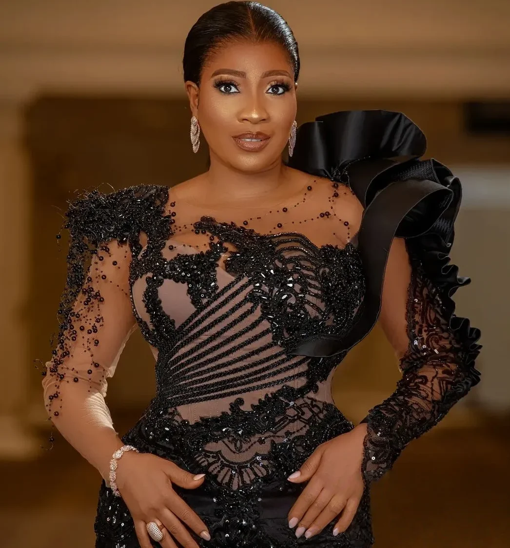 Vestido de noche de sirena con lentejuelas negras, vestido de fiesta Formal de lujo de una manga con hombros descubiertos, elegante brillo, novedad de 2025
