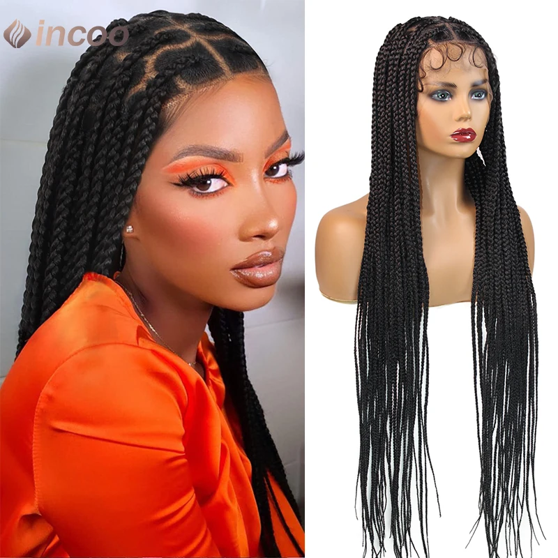 

36" Knotless Box Braided Wigs Synthetic Heart Round Box Braids Wig Full Double Lace Braid Wigs Baby Hair Lace Front Braiding Wig