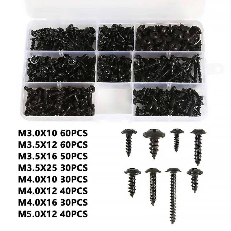 

340pcs/Box M3 M3.5 M4 M5 PWA Black Phillips Self Tapping Screw with Pad Kit Cross Round Head Screws with Washer Assortment Kit