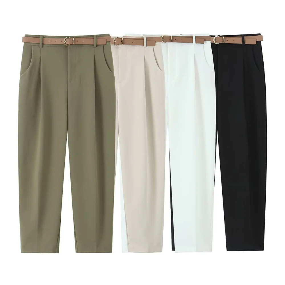 

PB&ZA 2025 Olive Green Women Trousers with Belt Pleated Front Design Straight Leg Style for Office and Casual Wear
