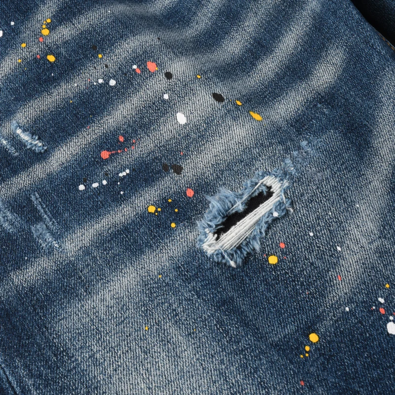 

Мужские джинсы Street Designer Fashion: высококачественные ретро-джинсы синего цвета, стрейч, зауженный крой, с эффектом потертости и росписью, винтажные джинсовые брюки от бренда.