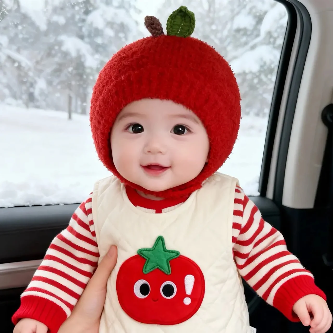 Cute Red Apple Hat for Baby Ear Protection Cap Winter Warm Toddler Pullover Cap 1-3Year Boys Girls Coral Fleece Beanie Bonnet image 3