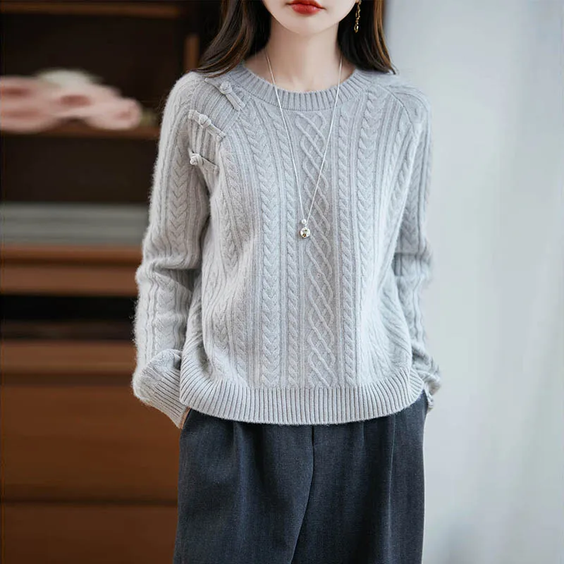 

Свитер для женщин, осенне-зимний шерстяной вязаный пуловер, свободный повседневный теплый трикотаж в китайском стиле, утепленная трикотажная одежда