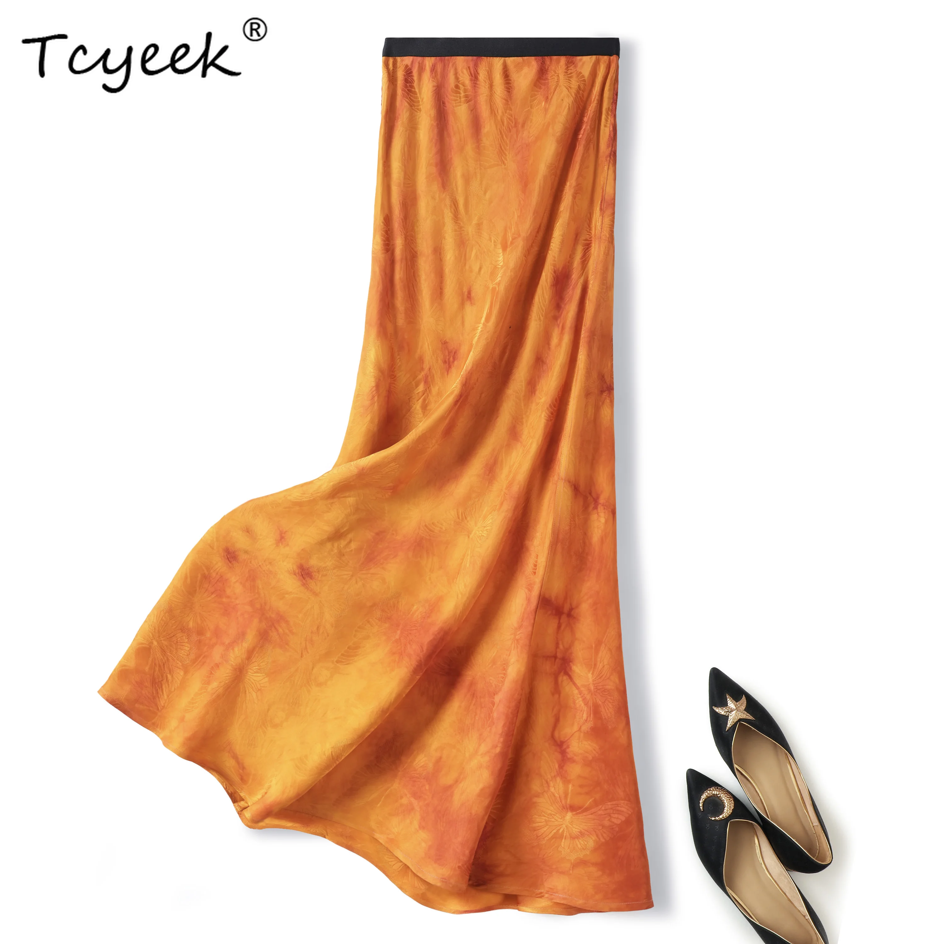 Tcyeek 100% Mulberry Silk Summer Thin Retro Pattern A-line Slimming Skirt with Wrapped Buttocks and Fishtail Women's Skirt スカート