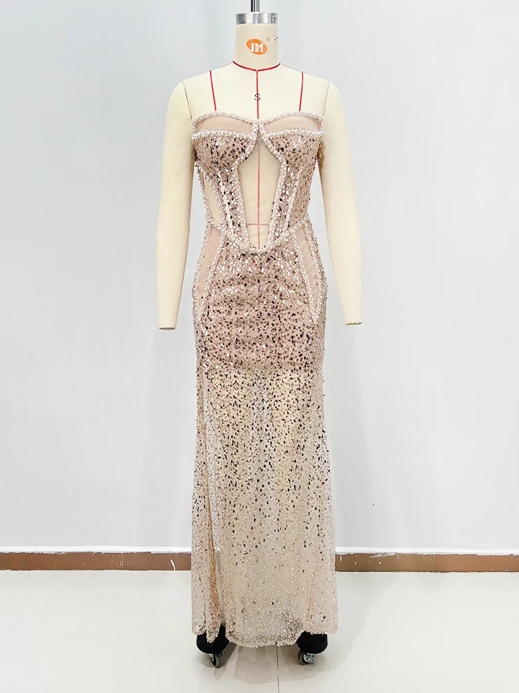 Formal Chic Style Nude Strapless Cutout Mermaid Evening Gown with Sequin Detailing Modern Party Prom Galas Maxi Dress