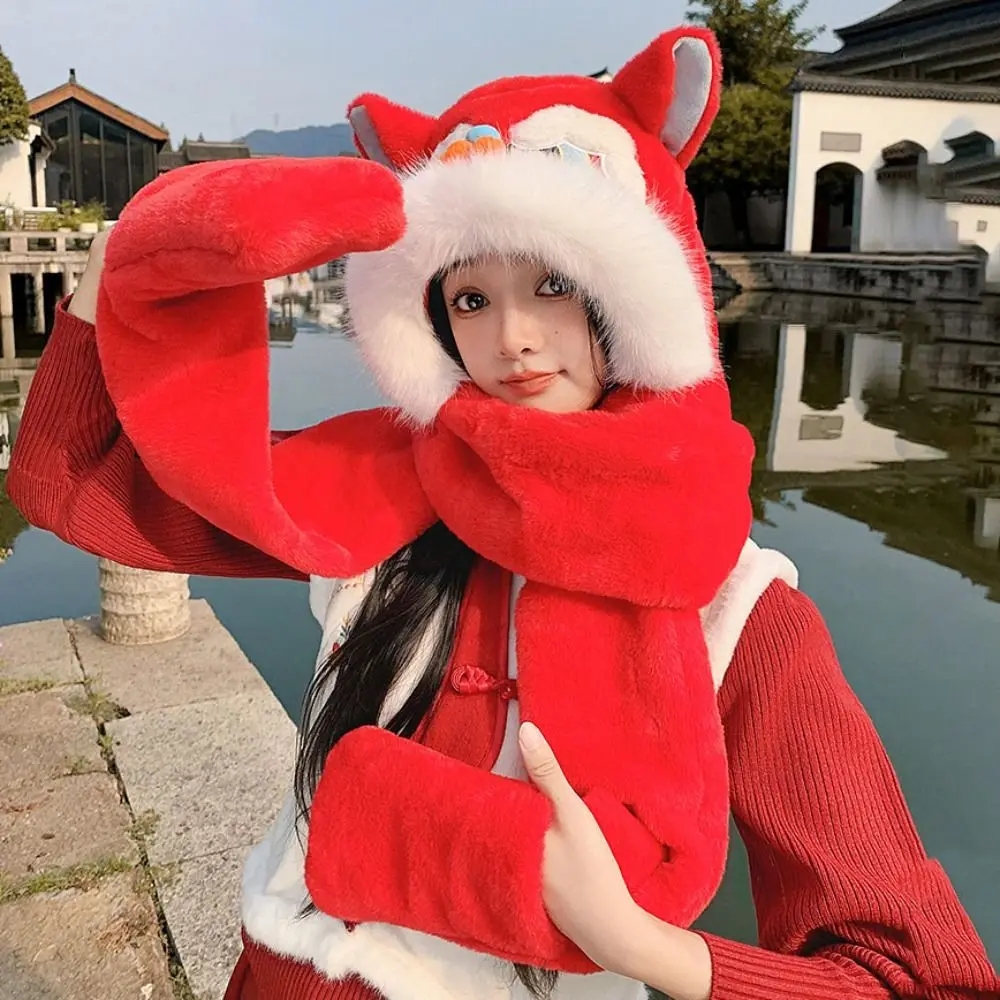 

Kawaii Ear Muffs Lion Dance Beanies Hat Tassels Thickened New Year Pullover Cap Lace Up Soft Scarf Gloves Hat Outdoor