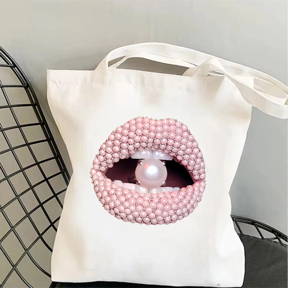 Pearl Lips Canvas Tote Bag Luxury Style Shoulder Bag