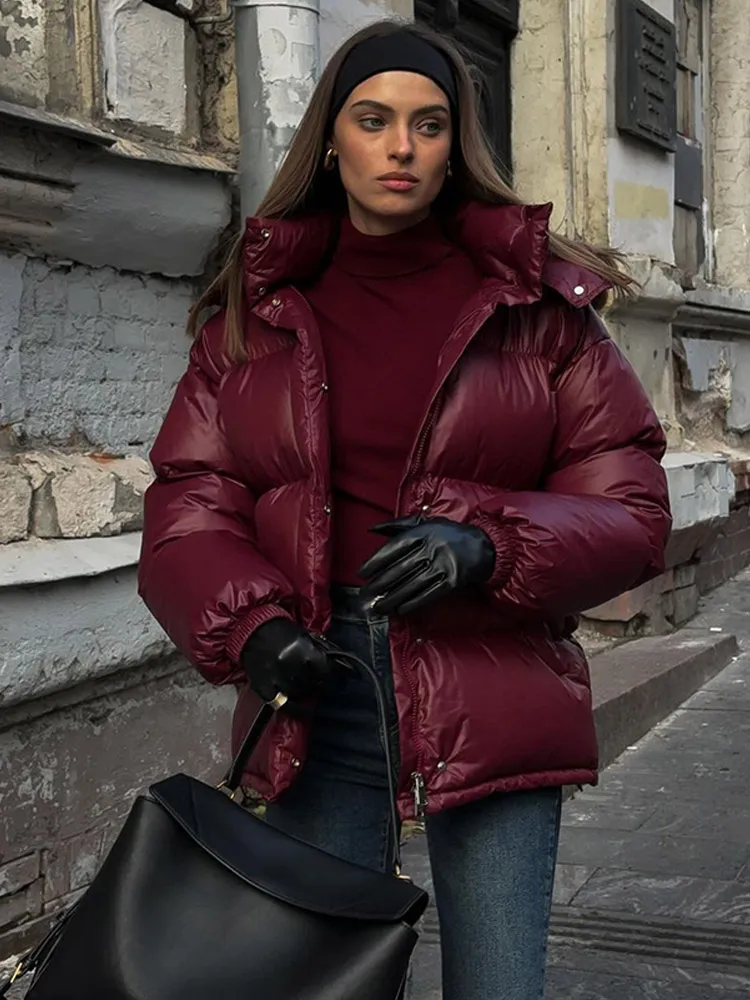 Elegant Burgundy Warm Stand Collar Full Sleeve Down Coat Chic Solid Color Zipper Cotton Jacket Winter New Woman High Street Wear