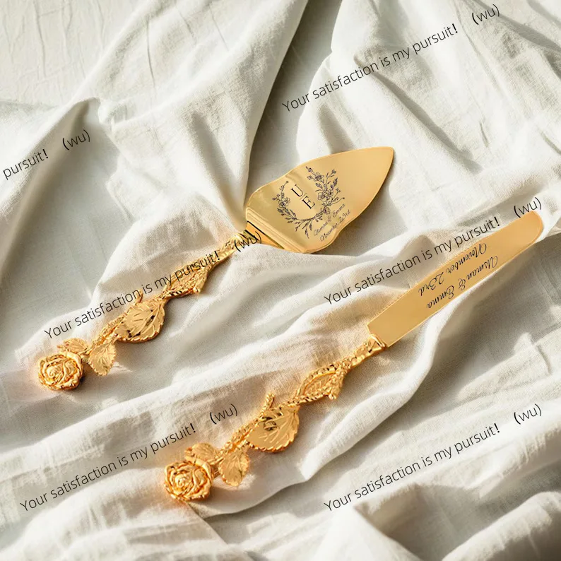 Engraved Rose Gold Silver Handle Cake Knife Shovel Set Household Cake Pizza Knife Premium