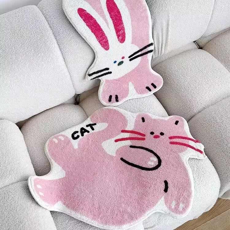 

Thiened Pink eep Velvet Floor Mat And Rabbit Pattern Living Room Home Textile Footstool Easy to Clean Cartoon Print