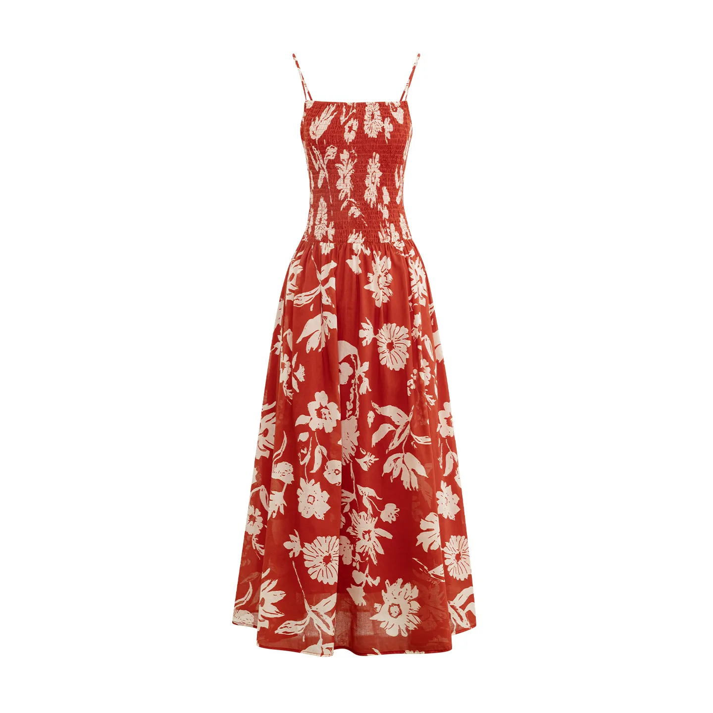 AEL Original Seaside Vacation Style Red Print Suspender Dress 26 Sommer Tailliertes und schmales, elegantes langes Kleid aus reiner Baumwolle – Detail 17