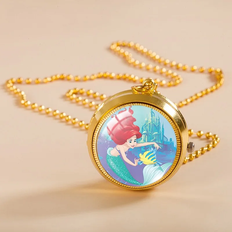 Disney The Little Mermaid Ariel Princess Vintage Pocket Watch for Women Cartoon Rotating Flip Cover Pendant Necklaces Watches