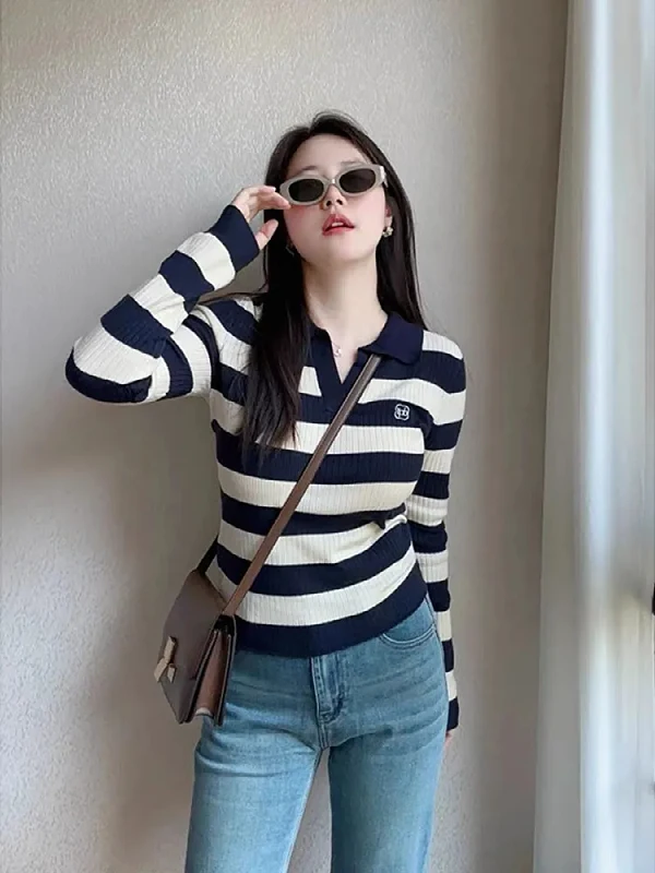 

plus Size Ne Striped Knitwear Women Early Autumn Long Sve Slimming Versatile Base irt Top Korean Sle Slim Fit