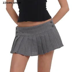 Y2K Grey Striped Print Side 3 Buttons Pleated Mini Skirt Sexy Low Waist Short Skater Skirts