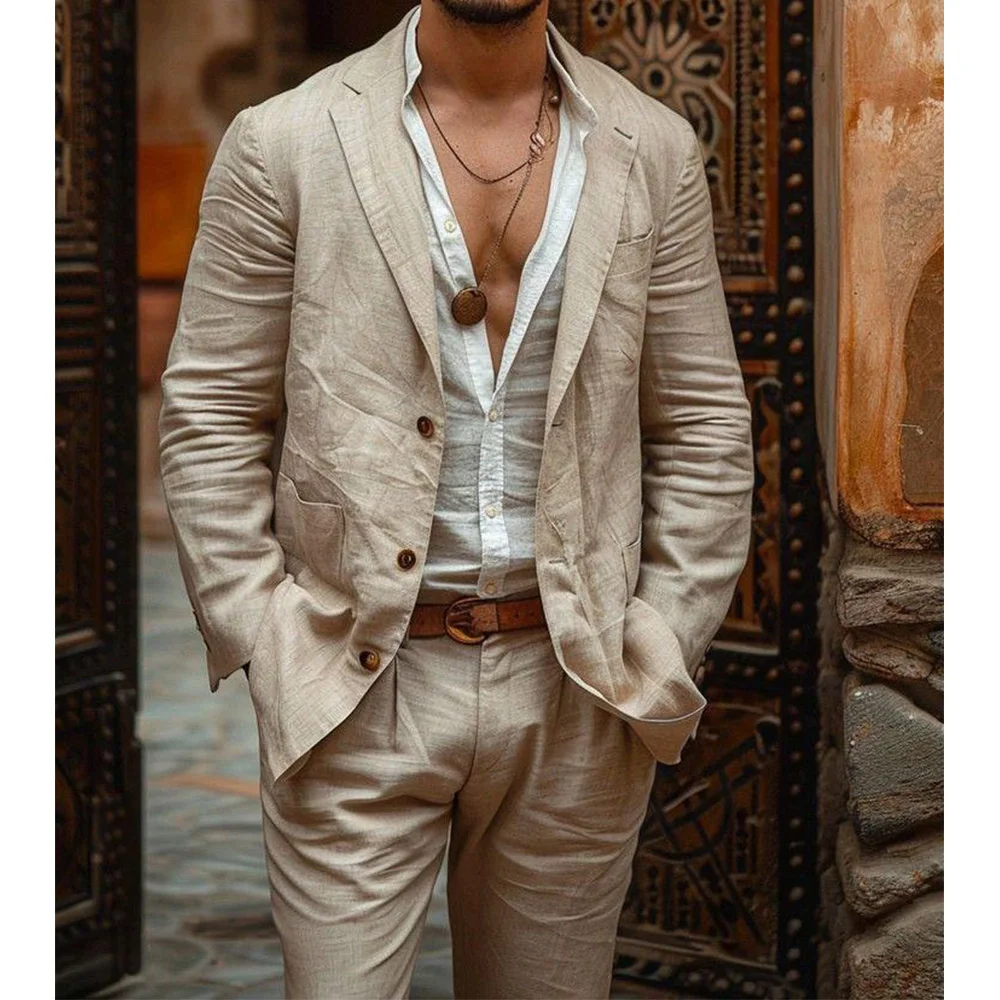 

Men Suit Two Comfortable Piece Set Linen Breathable Slim Fit Single Breasted Casual Commuter Business Wear