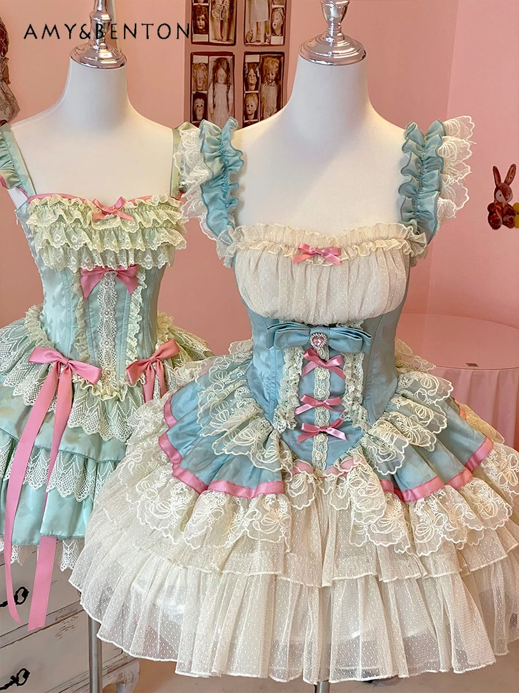 Sweet Girl Ballet Temperament Ball Gown Dress Sweet Lolita Princess Mini Dress Cute Bow Ruffle Edge Slim abiti multistrato