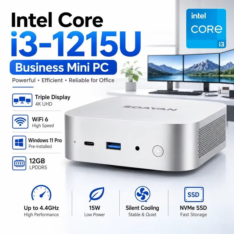 BOLRZO Core I3-1215U Business Mini 16GB LPDDR4 RAM WiFi 6 Triple Display 4K Office PC Windows 11 Pro/Linux