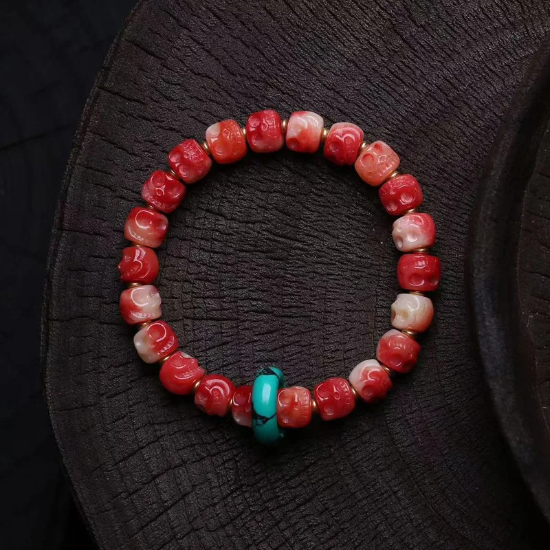 Natural Bone Carved Bead Dice Three-Way Turquoise Accessory Bracelet