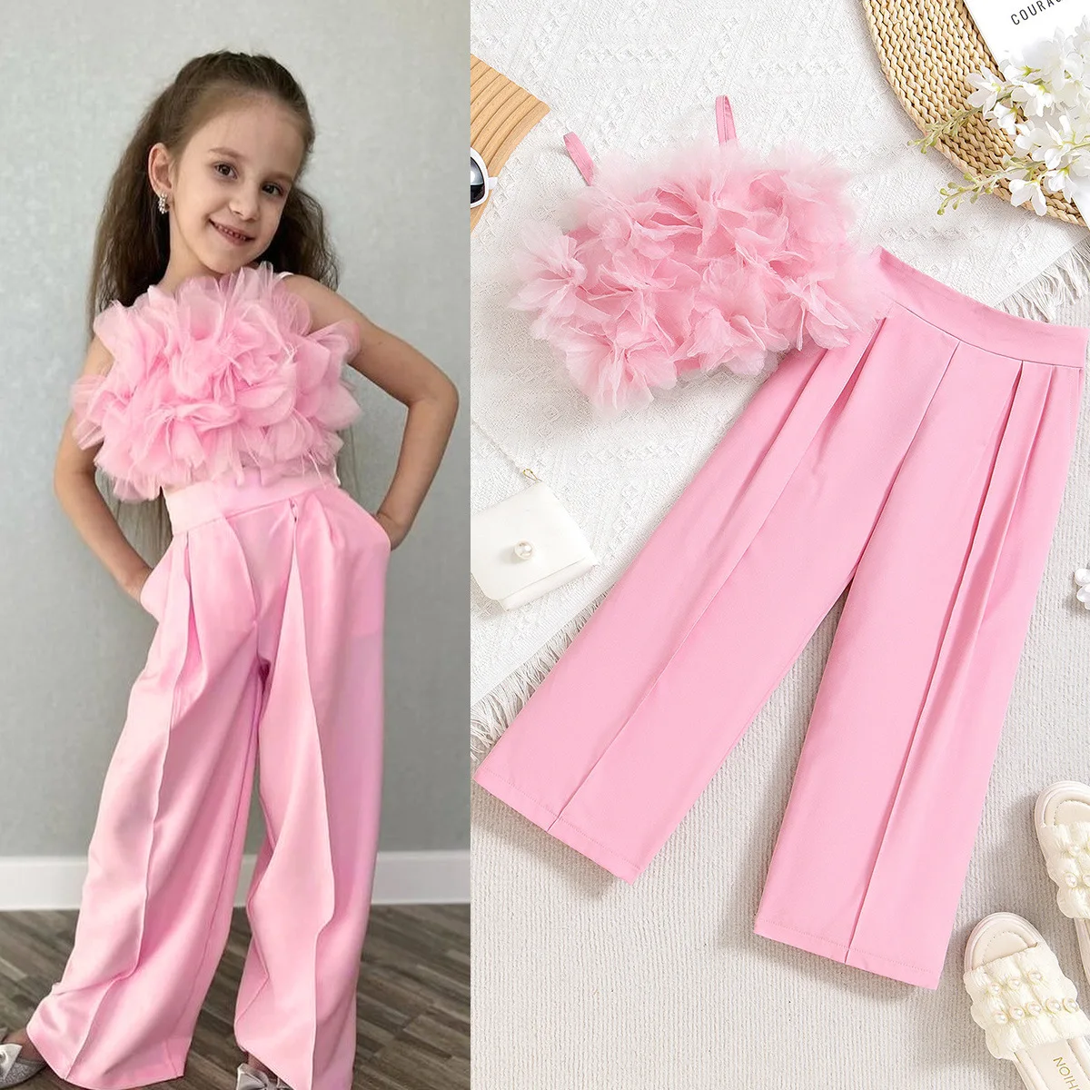 2024 Children's Europe and the United States gauze three-dimensional flower strapless halter top slim suit pants suit