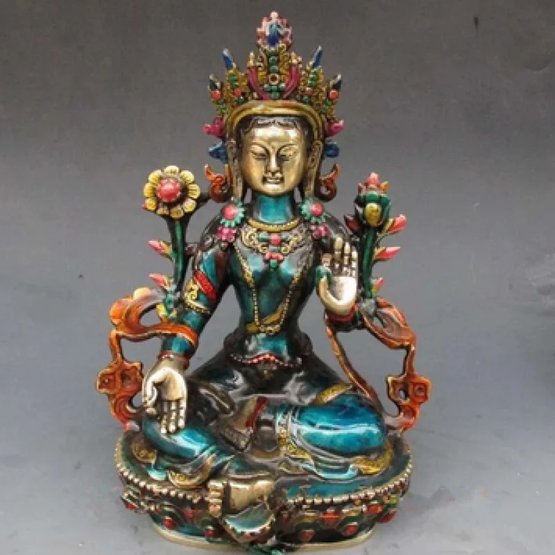 

Antique bronze Pure Copper Old Brass China hand-carved cloisonne buddhist statue of Buddha green tara