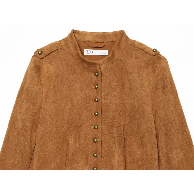 2026 Neue Damen Kunstwildleder Kurze Jacke Einreihig Langarm Epauletten Tasche Schmal Geschnitten Unregelmäßiger Saum Vintage Militärstil – Detail 7