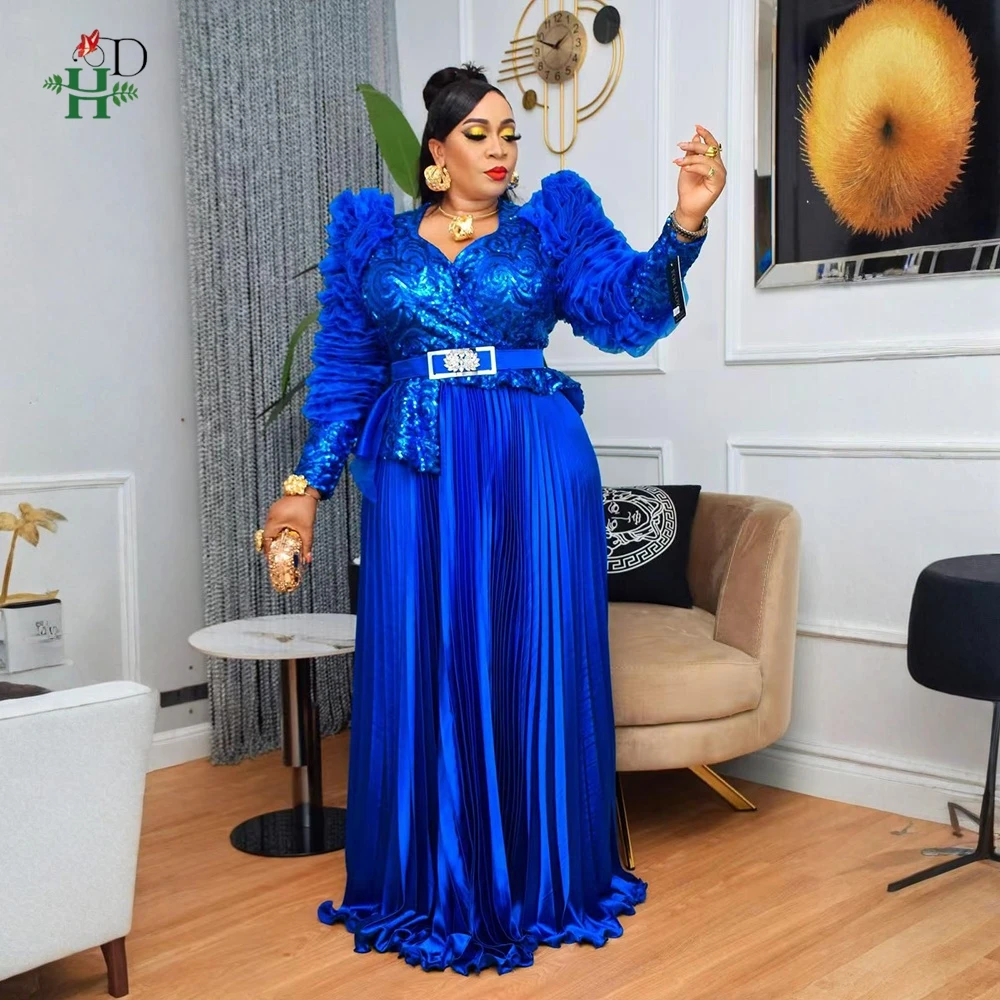 

2025 New African Clothes Plus Size For Women Elegant Fashion Dresses Turkey Party Wedding Bir Dress Ankara Pleated Sequins Dress