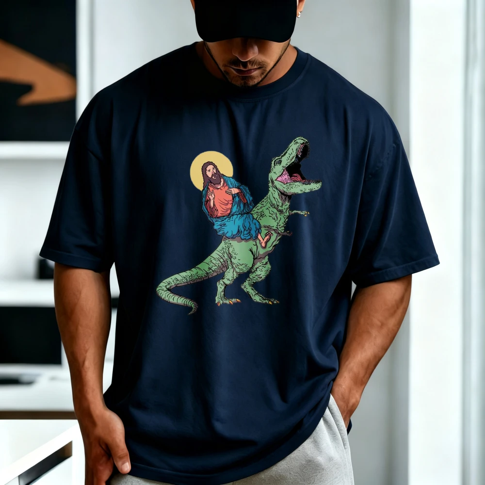 Funny Jesus Riding T-Rex Caroon Graphic Printed Classics TShirt Retro Christian Religion Faith T-shirt Summer Cotton Unisex Tees