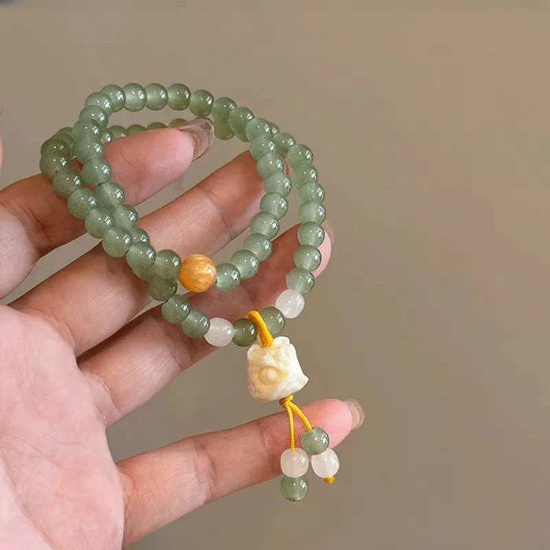 Hetian Lion Double Layer Circle Shape Bracelet Women Simple Cold Clear Feeling White Jade Bracelet Charm Jewelry Gift Daily Wear