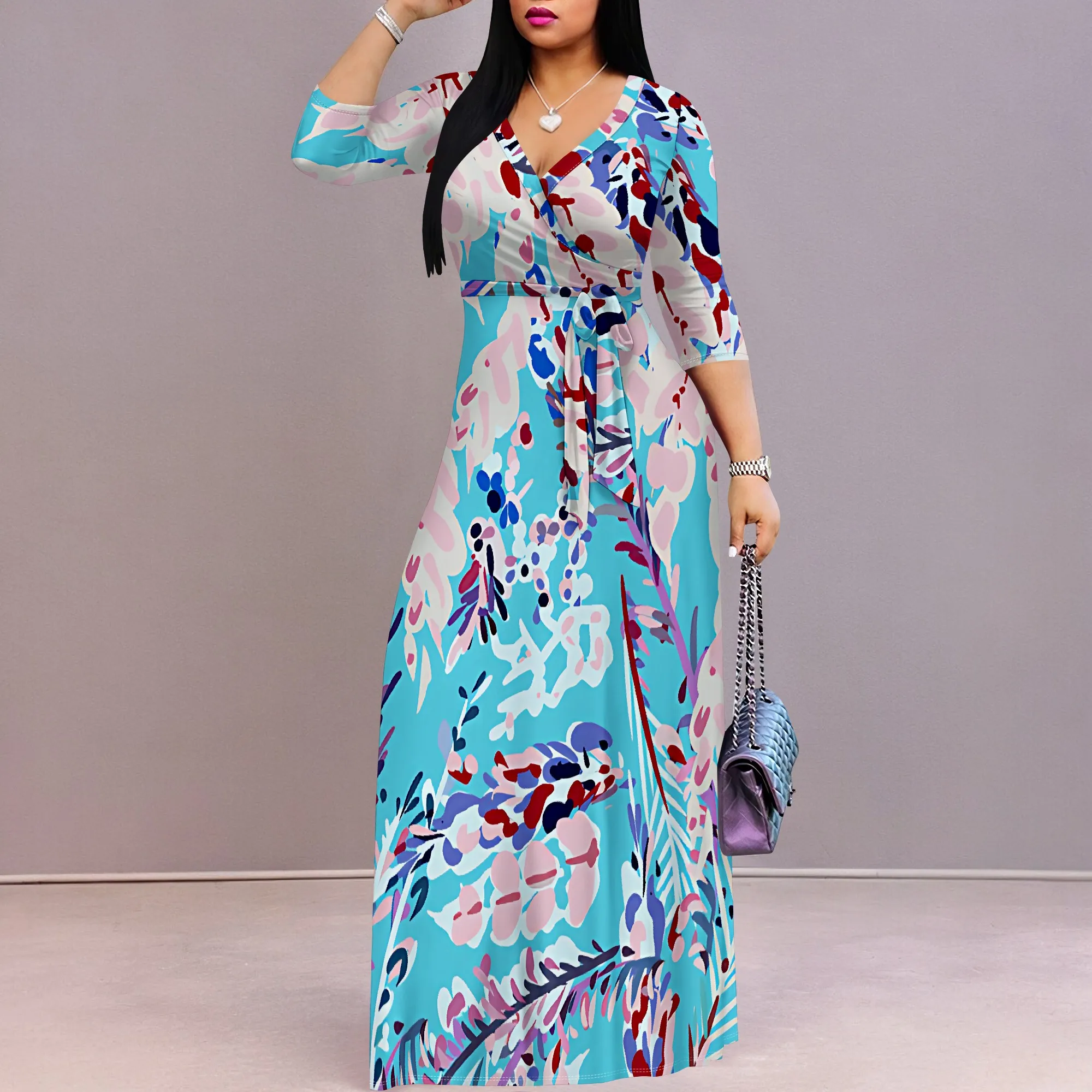 Women's Short Sleeve Sexy V Neck Loose Boho Long Dress Fashion Printed Split Hem Club Party Casual Vacation Maxi Dress