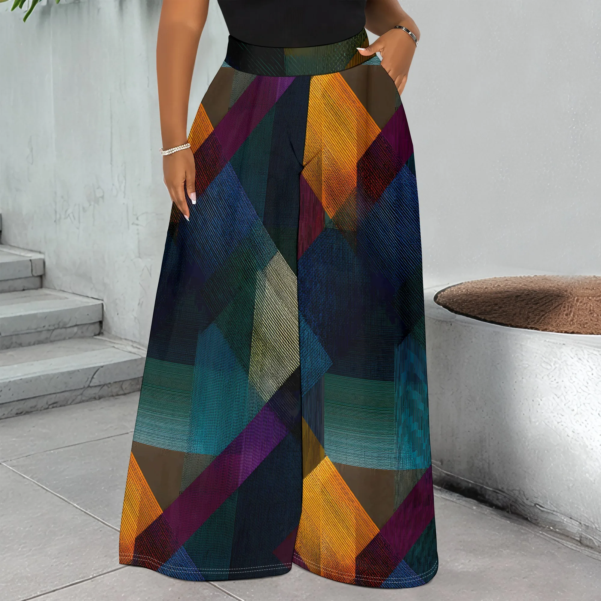 

Colorful Geometric Print Wide Leg Pants, High Waist Trousers, Loose Fit Palazzo Pants for Women, Summer Beach Casual Wear, S-3XL