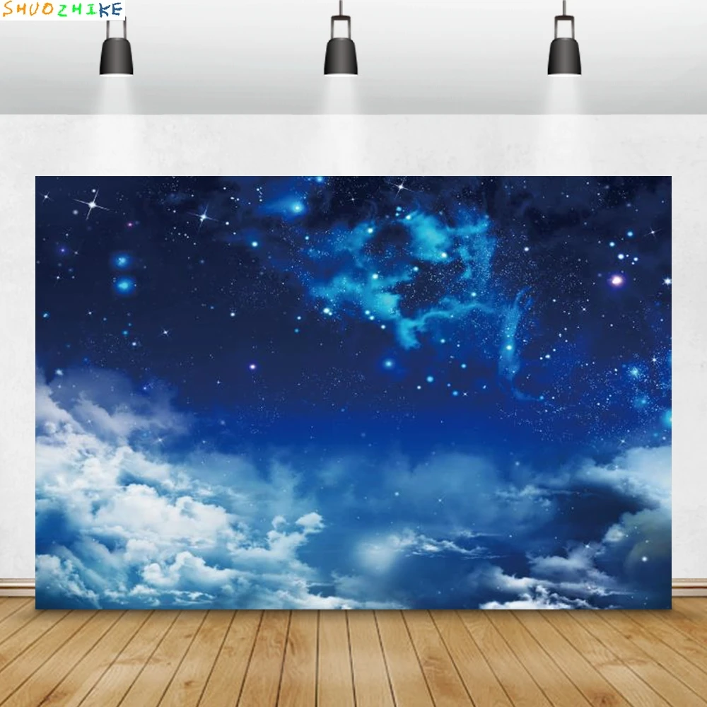 Céu azul escuro nuvens noite cênica glitter estrelado estrela fotografia pano de fundo chá de bebê photocall fundo estúdio foto