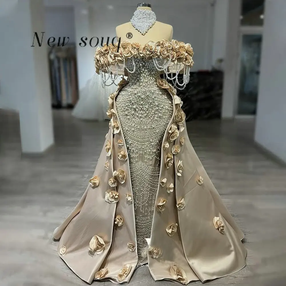 

2026 Champagne 3D Floral Flowers Off Shoulder Mermaid Evening Dresses with Overskirt Customized Pearls Beaded Formal party Gowns