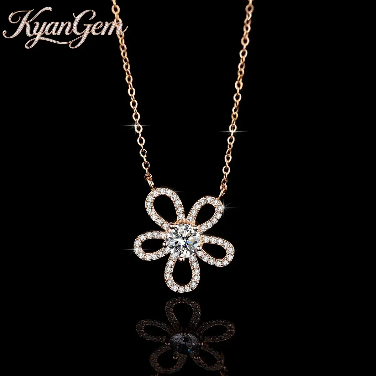 KyanGem 18K Gold Inlaid Moissanite Pendant Women's Sunflower Necklace, D-color Diamond Rose Gold Fashionable Collarbone Chain