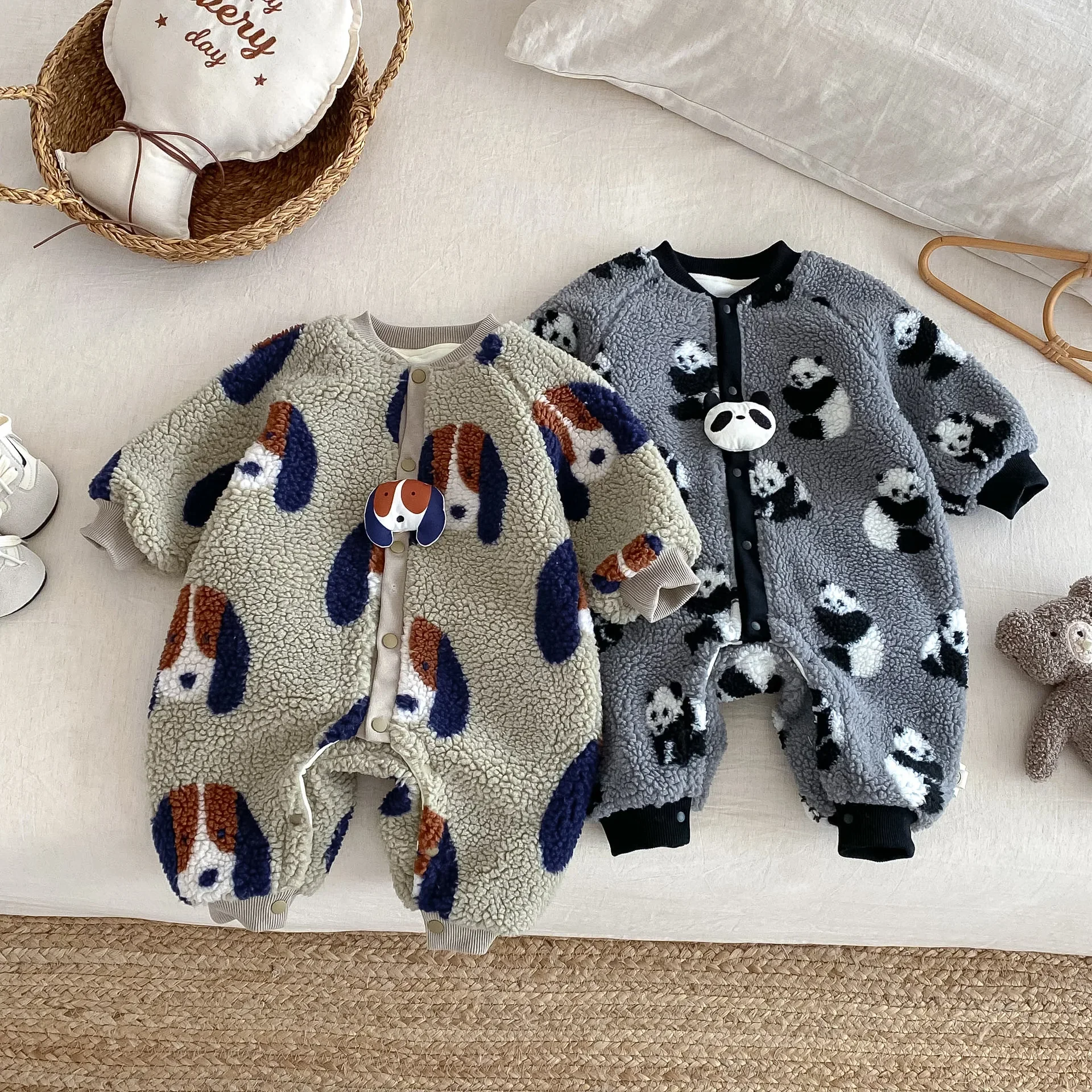 

Toddler Baby Girl Boy Fleece Lined Onesie 0-2Y Cartoon Panda Dog Print Thickened Jumpsuit Kids Winter Warm Romper Newborn Outfit
