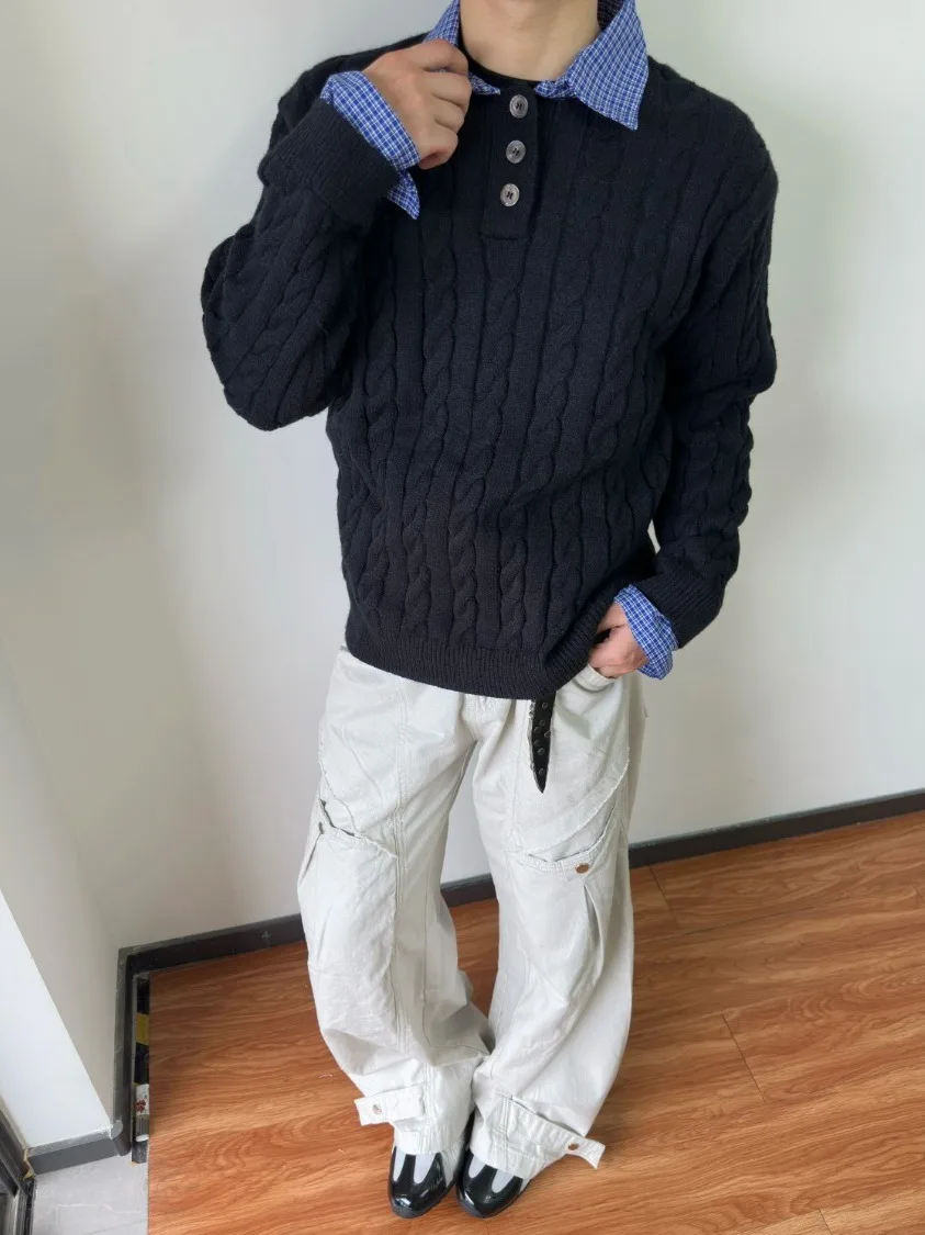 

Американский ретро-свитер в клетку с эффектом косы, повседневный свободный крой, осенне-зимний, универсальный, на пуговицах, стандартный крой