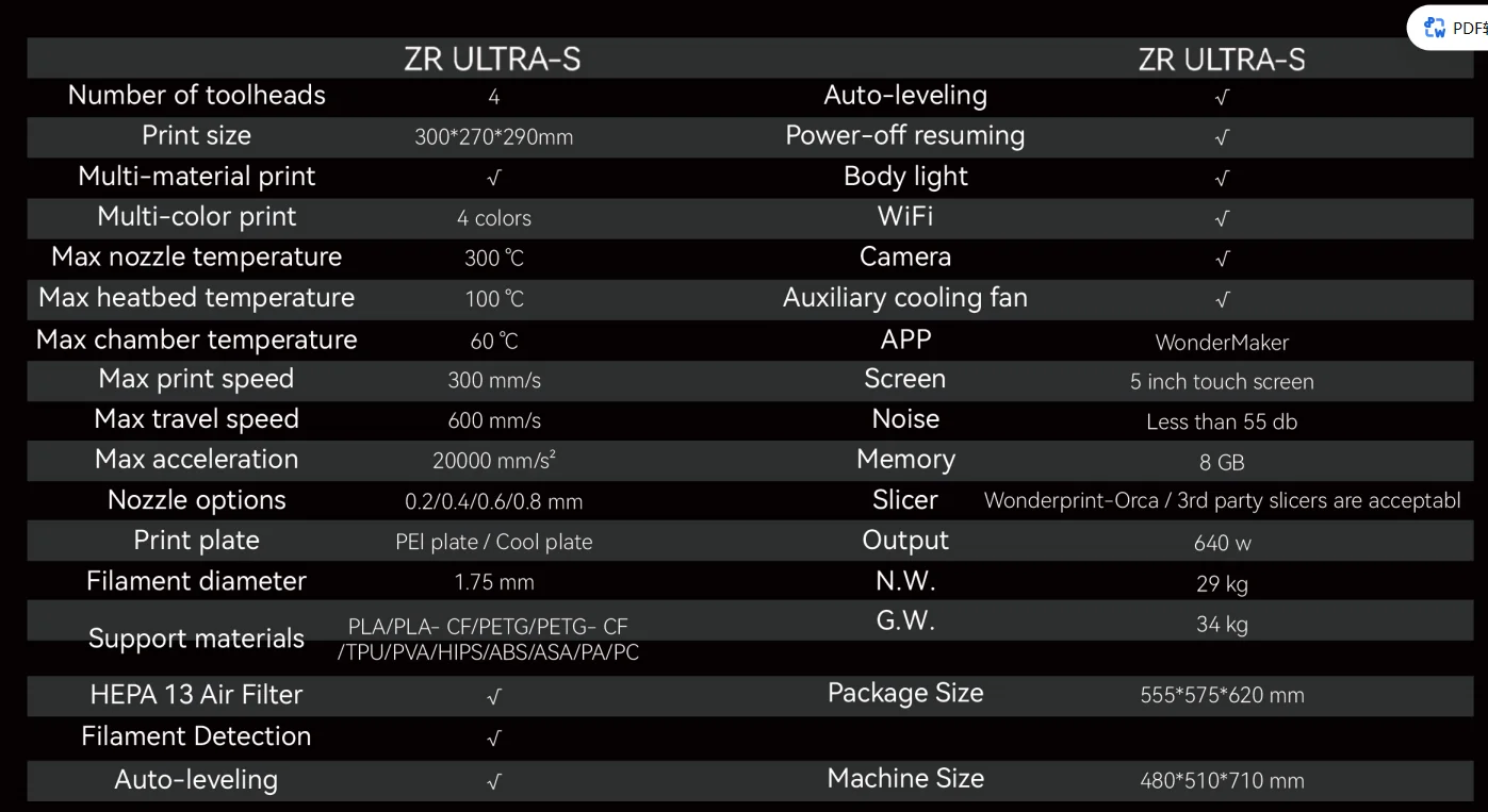 2026 WonderMaker ZR Ultra-S 4 Toolheads Multi Color 3D Printer 60℃ Heated Chamber HEPA 13 Filter CoreXY High Speed 300*270*290mm - view 6