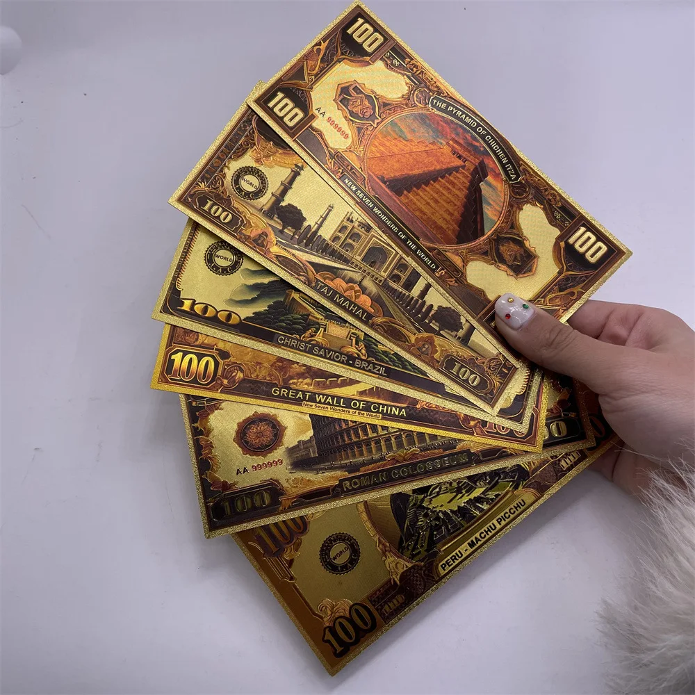 Zeven wonderen plastic goudfolie herdenkingsbadge ambachtelijke collectie herdenkingsbankbiljet