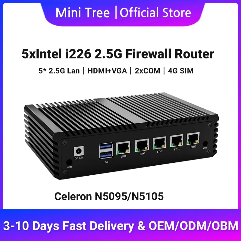 Celeron N5105 Mini Home Server 8G RAM 5*2.5G Lan Pfsense Firewall Router HD VGA port Compact Industrial Computer 2xRS232 COM POE