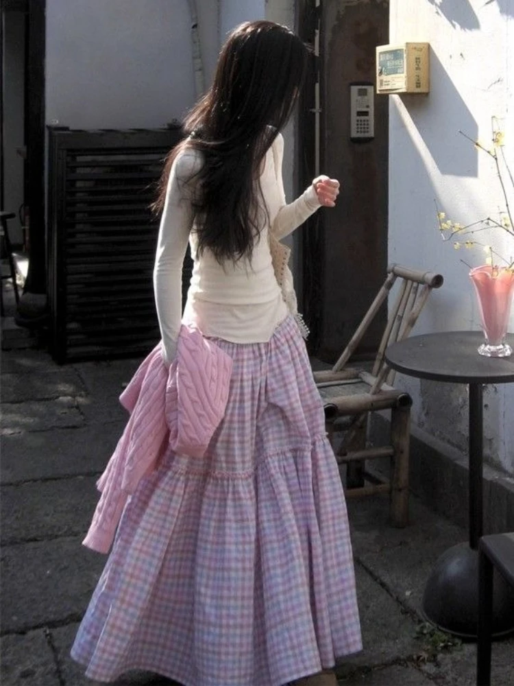 Lovely Sweet Pink Plaid A-Line Cake Half Skirts Women Y2k Casual Loose Fit Skirts Japanese Vintage Chic Mid-Length Skirts Summer