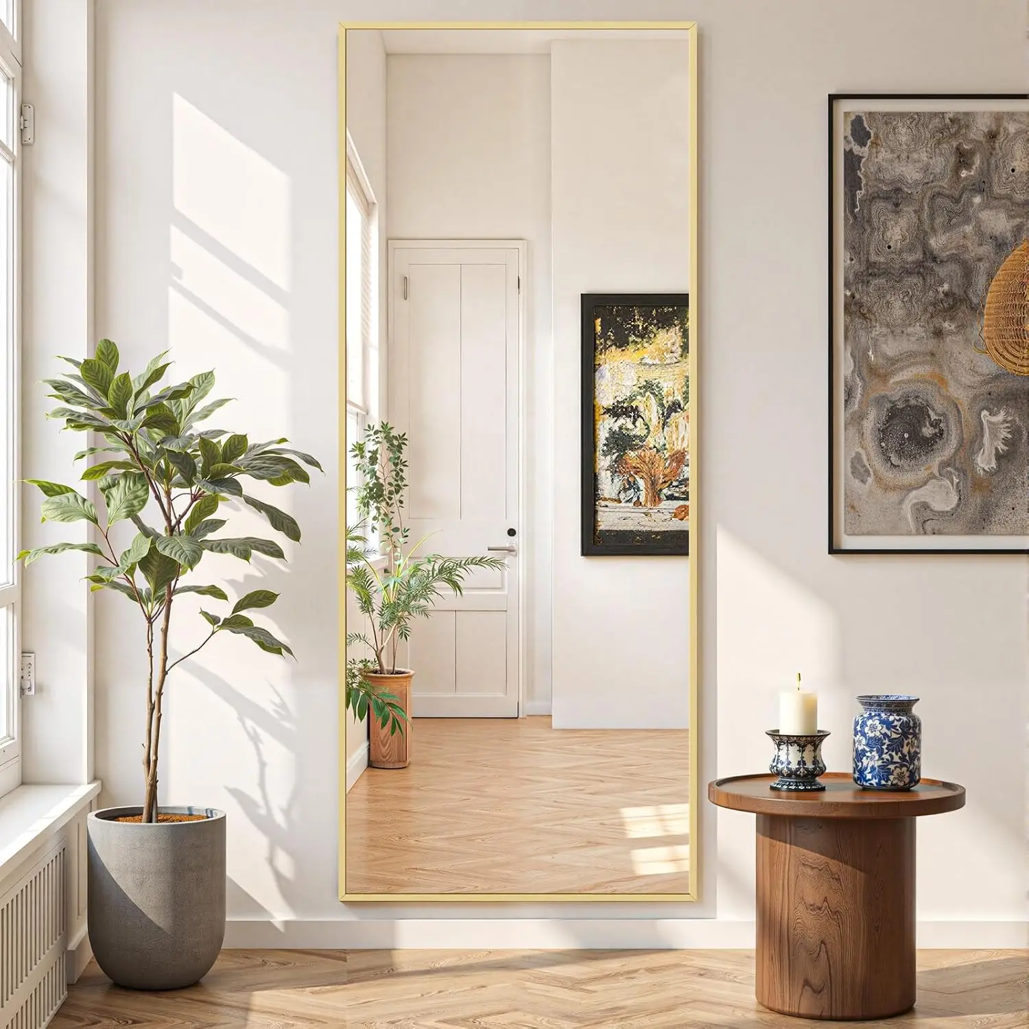 Full Length Mirror 65x24 Inch Rectangle Full Body Floor Mirrors Stand Shatterproof Glass Aluminum Alloy Frame Free Standing Wall