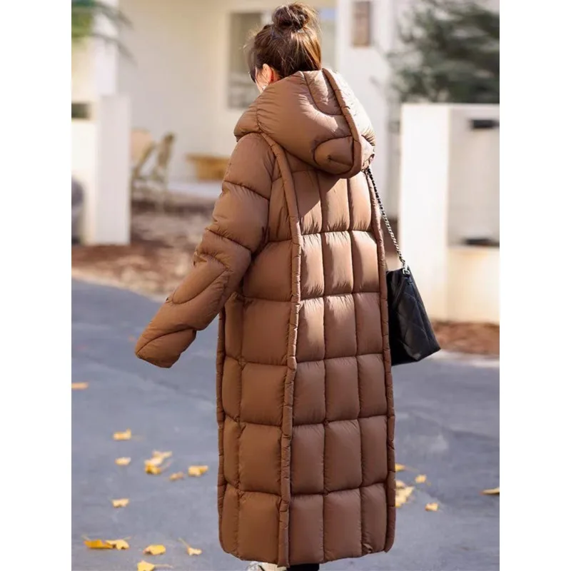 2024 Down Cotton-padded Women Korean Version of Loose and Thick New Long Hooded Winter Over The Knee Cotton-padded Jacket Woman