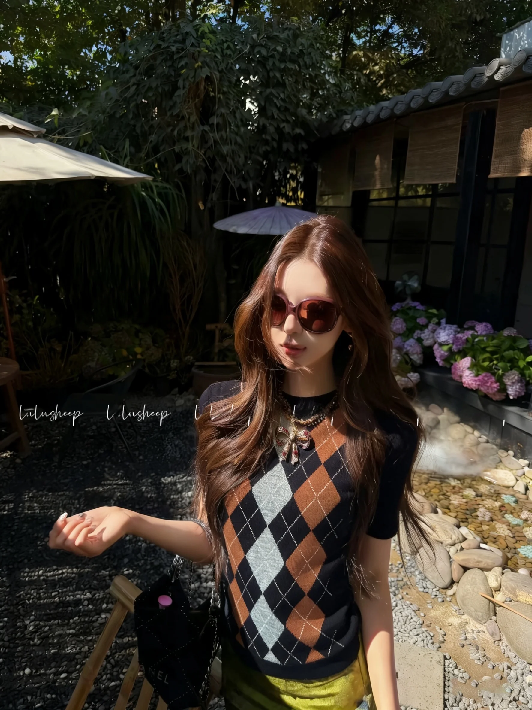 

High-End Knitted Short-Sleeve T-Shirt Women's Slim Fit Australian Wool Rhombus Pattern round Neck Top Fashionable Korean Style