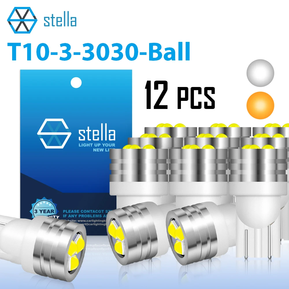 

Светодиодные лампы Stella 12X T10, яркие 360° ° Модернизированные чипы белого/желтого цвета, 12 В, небольшой размер W5W для автомобильных сигналов, внутренняя лампа