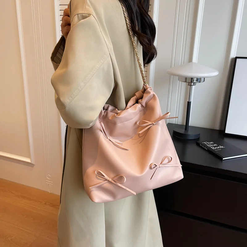 Fashion Silver Women's Shoulder Tote Bag PU Leather Bowknot Underarm Hobo Purse And Crossbody Bags Ruched Tote Shopper Handbag