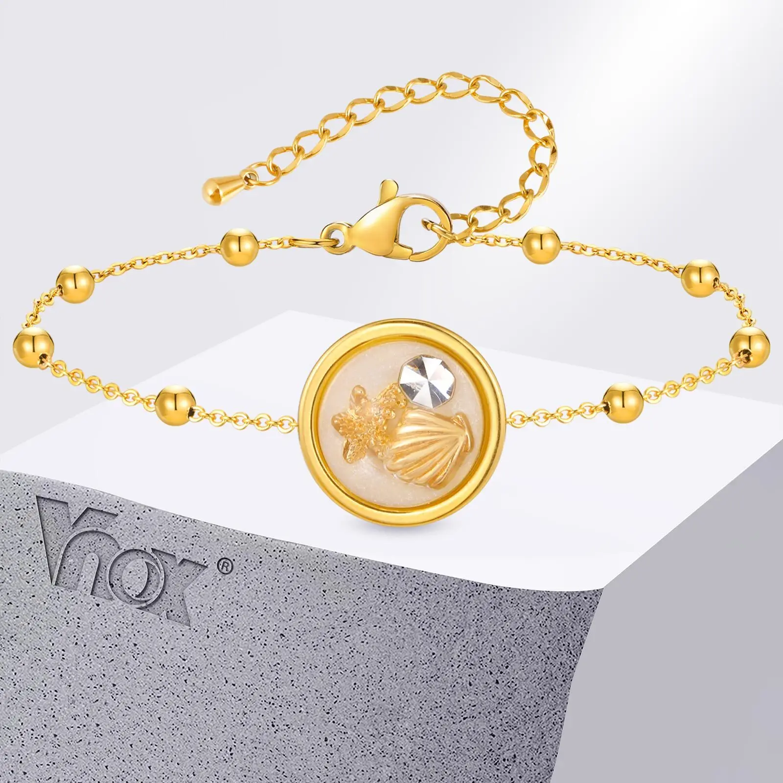 

Vnox Stainless Steel Chain Bracelet With Shell Starfish Inlay, Women's Sparkling Ocean Element Accessories, Fashion Jewelry