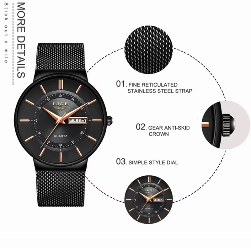 رجل ووتش LIGE العلامة التجارية الفاخرة للماء رقيقة جدا تاريخ ساعة الذكور الصلب حزام عارضة الكوارتز ساعات رجالي ساعة معصم رياضية