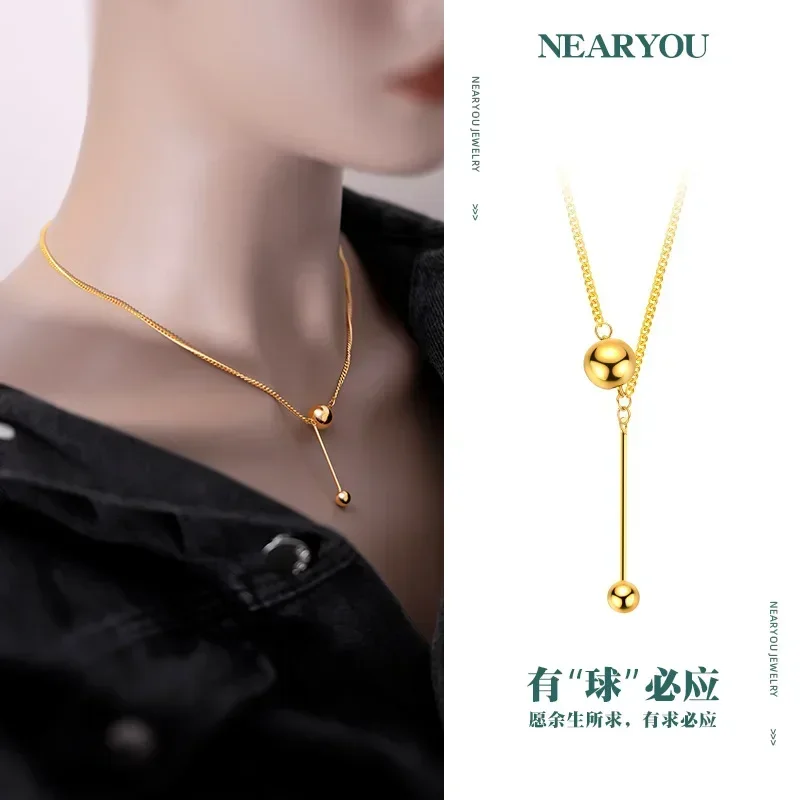 

9999 Real Gold 24Kins Style Design Tassel Light Bead Ball Clavicle Chain, Ladies Ball Bing Set Chain