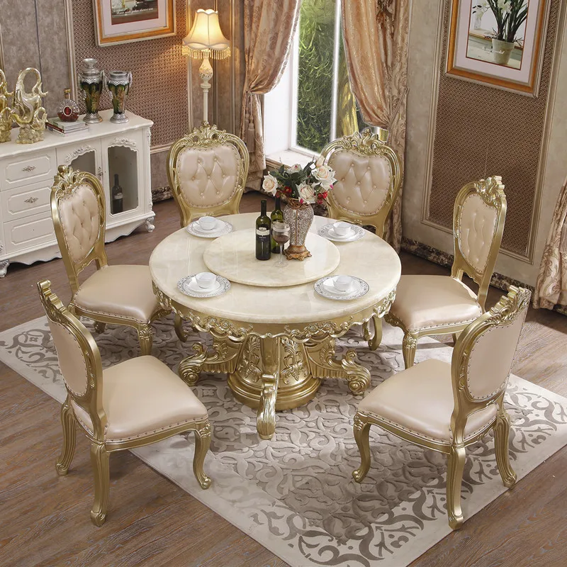 

European-style Round Table Solid Wood Villa Luxury Dining Table Champagne Golden Villa High-end Rotating with Turntable